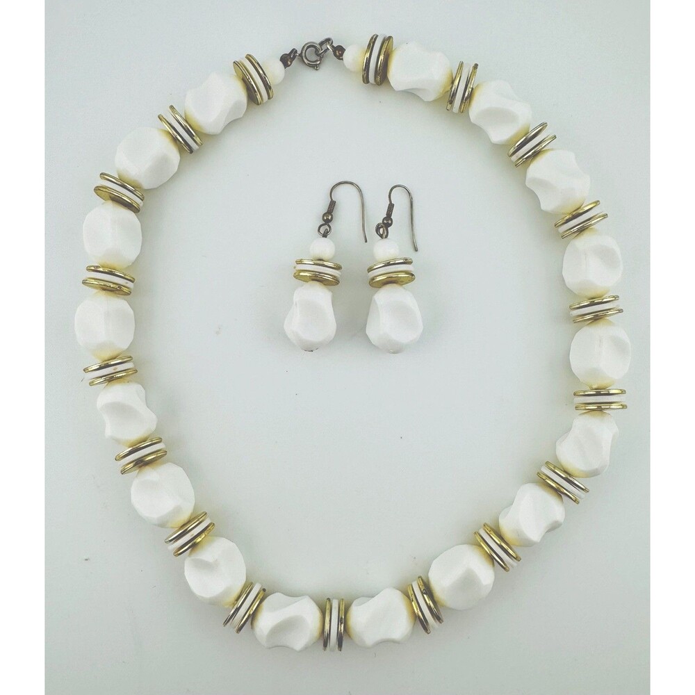 Vintage White Lucite Bead Necklace 19.5” w/ Gold Tone Discs & 2” Earrings Set